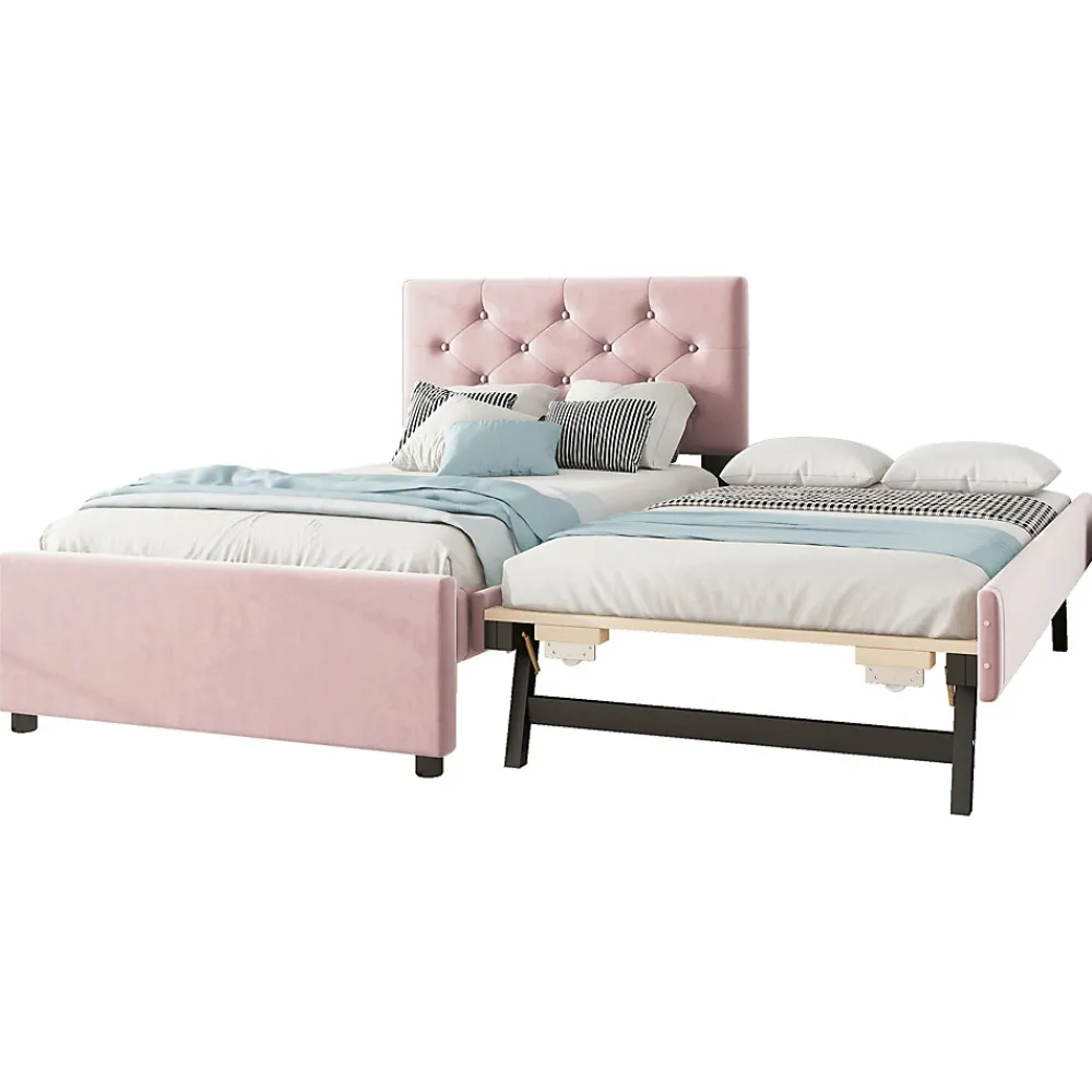 Lit 90x200 cm avec sommier à lattes et tiroir roulant, tête de lit capitonnée à boutons, tapissé velours rose>Redom Sale