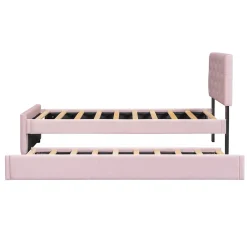 Lit 90x200 cm avec sommier à lattes et tiroir roulant, tête de lit capitonnée à boutons, tapissé velours rose><noscript><img width=