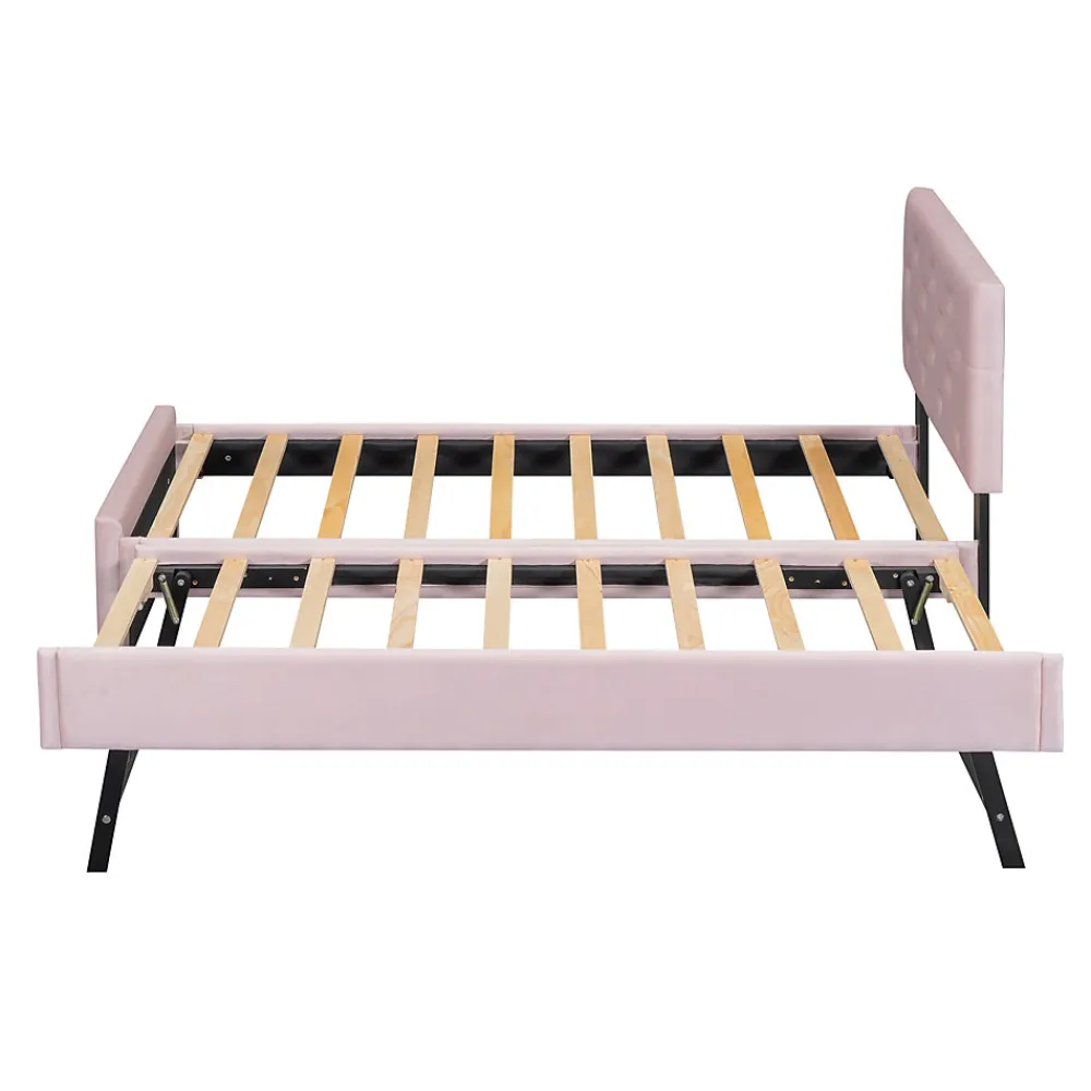Lit 90x200 cm avec sommier à lattes et tiroir roulant, tête de lit capitonnée à boutons, tapissé velours rose>Redom Sale