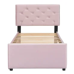 Lit 90x200 cm avec sommier à lattes et tiroir roulant, tête de lit capitonnée à boutons, tapissé velours rose><noscript><img width=