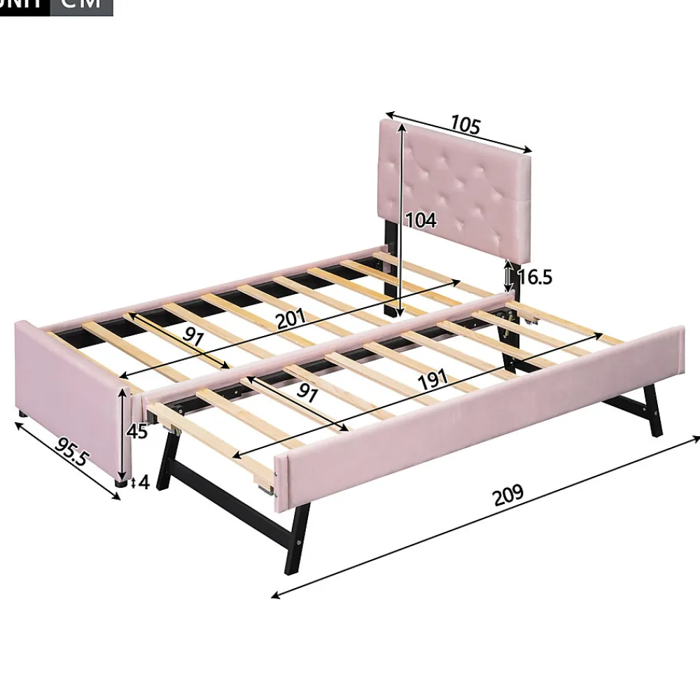 Lit 90x200 cm avec sommier à lattes et tiroir roulant, tête de lit capitonnée à boutons, tapissé velours rose>Redom Sale