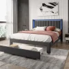 Lit 160x200 cm avec sommier à Lattes et tiroir, Lit rembourré avec USB et LED, Gris>Simple Life New