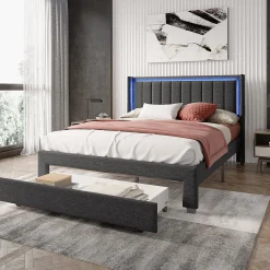 Lit 160x200 cm avec sommier à Lattes et tiroir, Lit rembourré avec USB et LED, Gris>Simple Life New