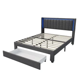Lit 160x200 cm avec sommier à Lattes et tiroir, Lit rembourré avec USB et LED, Gris>Simple Life New