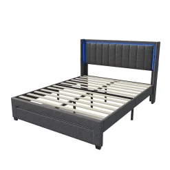 Lit 160x200 cm avec sommier à Lattes et tiroir, Lit rembourré avec USB et LED, Gris><noscript><img width=
