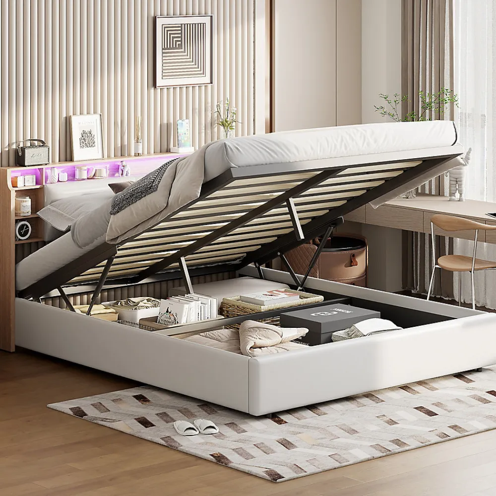 Lit 160x200 cm avec sommier à lattes, rangement LED, tête de lit 3 compartiments, polyuréthane blanc, fonction lift hydraulique.>Simple Life Online