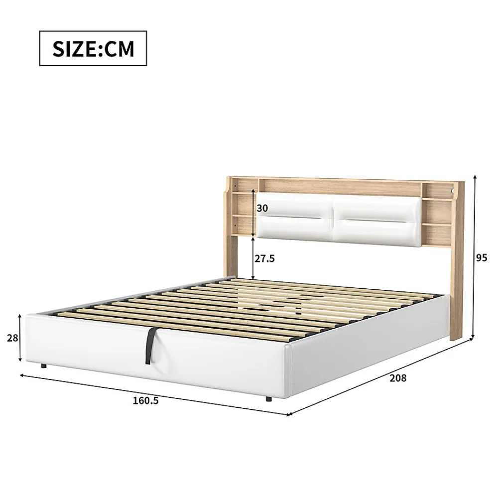 Lit 160x200 cm avec sommier à lattes, rangement LED, tête de lit 3 compartiments, polyuréthane blanc, fonction lift hydraulique.>Simple Life Online