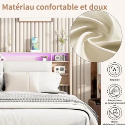 Lit 160x200 cm avec sommier à lattes, rangement LED, tête de lit 3 compartiments, polyuréthane blanc, fonction lift hydraulique.><noscript><img width=