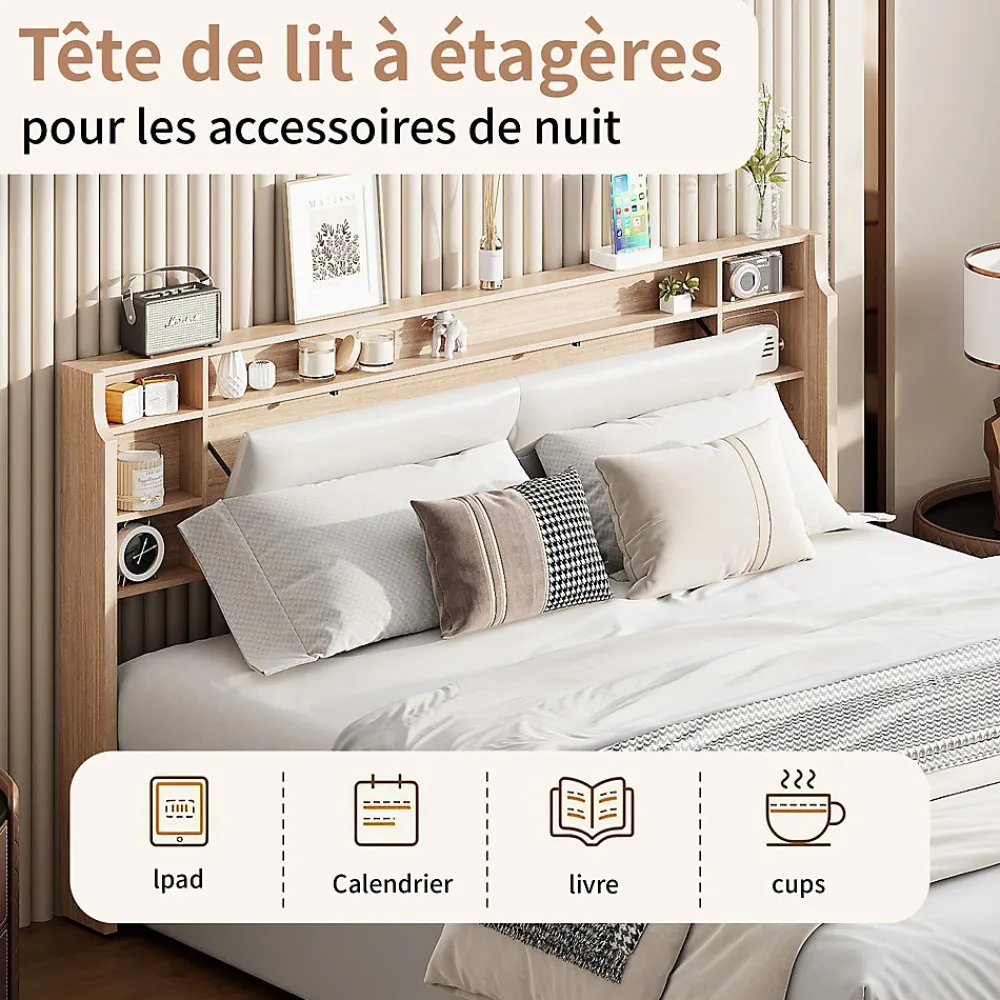 Lit 160x200 cm avec sommier à lattes, rangement LED, tête de lit 3 compartiments, polyuréthane blanc, fonction lift hydraulique.>Simple Life Online