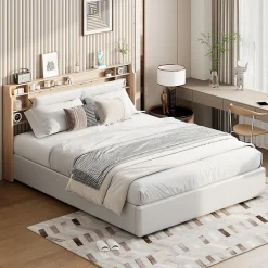 Lit 160x200 cm avec sommier à lattes, rangement LED, tête de lit 3 compartiments, polyuréthane blanc, fonction lift hydraulique.><noscript><img width=