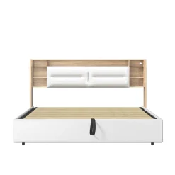 Lit 160x200 cm avec sommier à lattes, rangement LED, tête de lit 3 compartiments, polyuréthane blanc, fonction lift hydraulique.><noscript><img width=