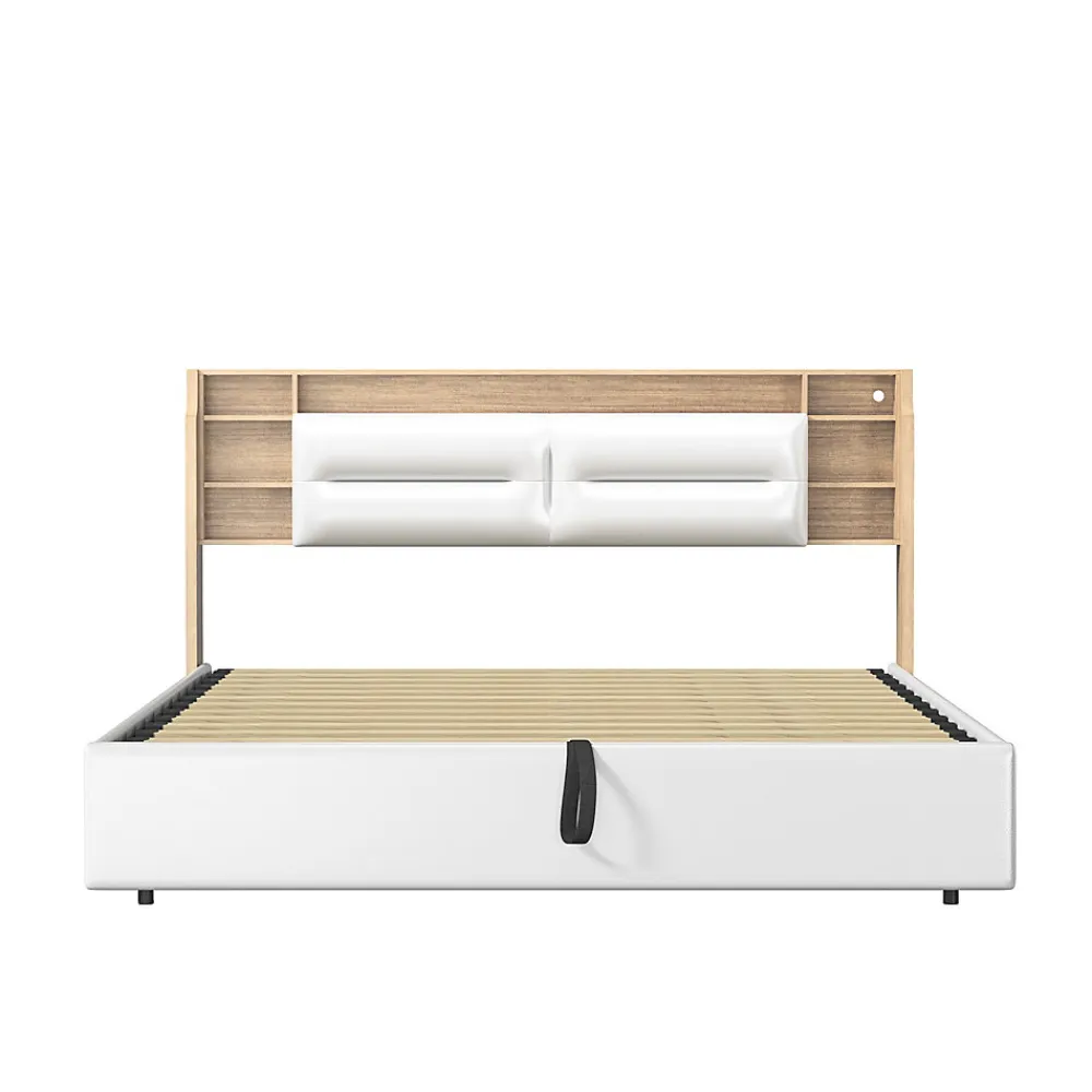 Lit 160x200 cm avec sommier à lattes, rangement LED, tête de lit 3 compartiments, polyuréthane blanc, fonction lift hydraulique.>Simple Life Online