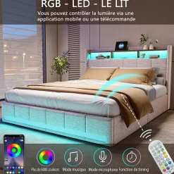 Simple Life Lit 140x190 cm avec sommier éclairage LED et USB, 4 tiroirs et tête de lit de Rangement, Lin, Beige* Lit Coffre