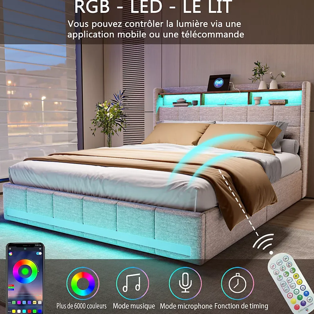 Simple Life Lit 140x190 cm avec sommier éclairage LED et USB, 4 tiroirs et tête de lit de Rangement, Lin, Beige* Lit Coffre