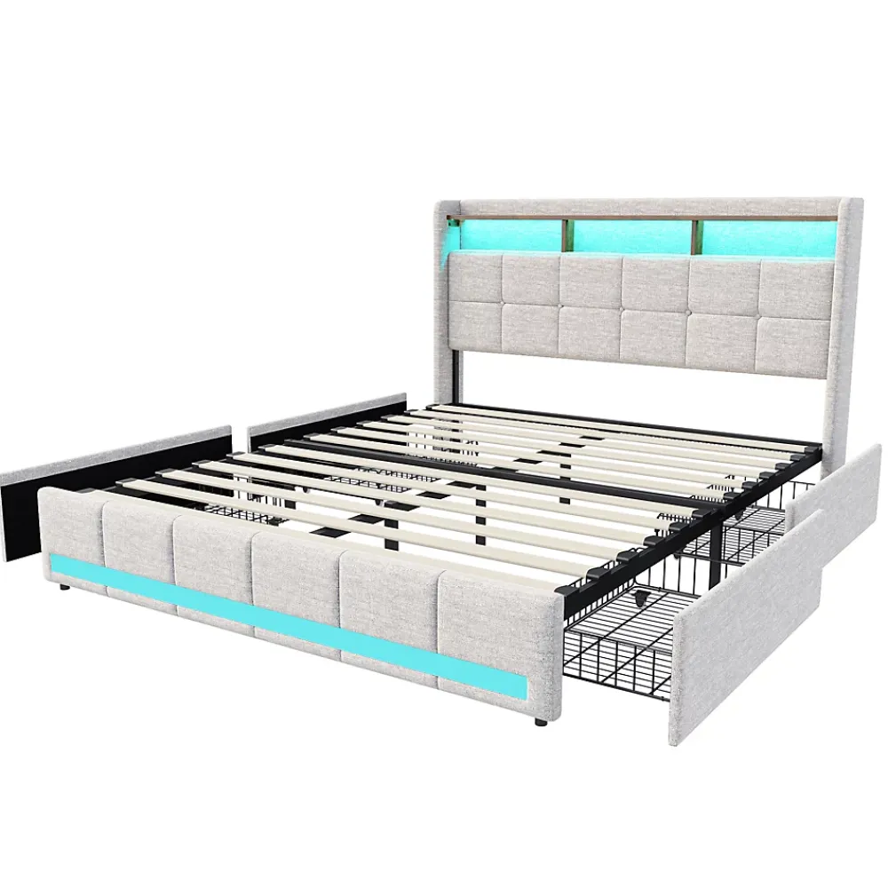 Simple Life Lit 140x190 cm avec sommier éclairage LED et USB, 4 tiroirs et tête de lit de Rangement, Lin, Beige* Lit Coffre