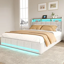 Simple Life Lit 140x190 cm avec sommier éclairage LED et USB, 4 tiroirs et tête de lit de Rangement, Lin, Beige* Lit Coffre