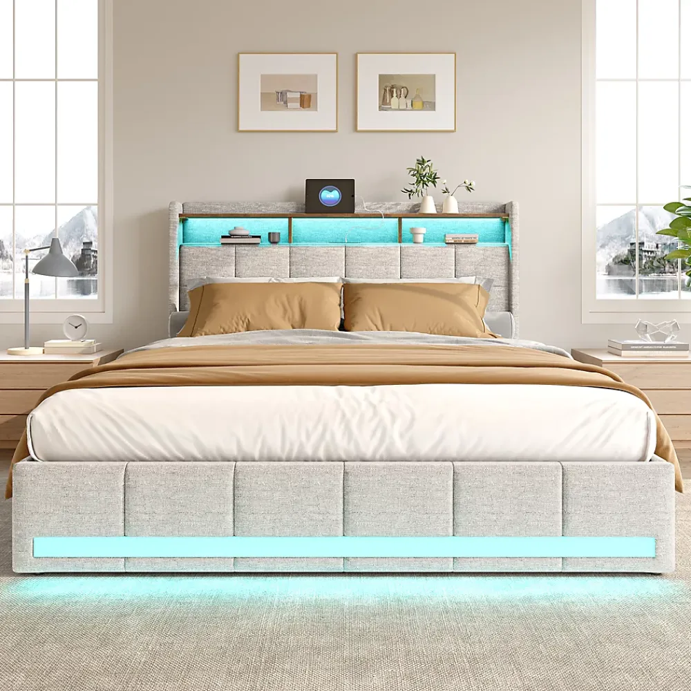 Simple Life Lit 140x190 cm avec sommier éclairage LED et USB, 4 tiroirs et tête de lit de Rangement, Lin, Beige* Lit Coffre