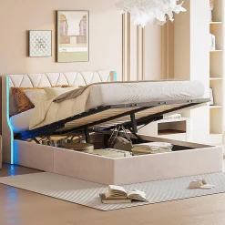 Lit 140x190 cm avec Sommier et LED, Lit Coffre 140x190 sommier à Lattes, Velours, Beige>Simple Life Outlet