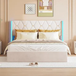Lit 140x190 cm avec Sommier et LED, Lit Coffre 140x190 sommier à Lattes, Velours, Beige>Simple Life Outlet