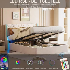 Lit 140x190 cm avec Sommier et LED, Lit Coffre 140x190 sommier à Lattes, Velours, Beige><noscript><img width=