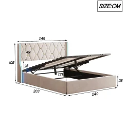 Lit 140x190 cm avec Sommier et LED, Lit Coffre 140x190 sommier à Lattes, Velours, Beige><noscript><img width=