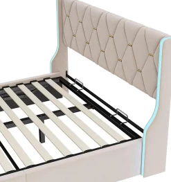 Lit 140x190 cm avec Sommier et LED, Lit Coffre 140x190 sommier à Lattes, Velours, Beige><noscript><img width=
