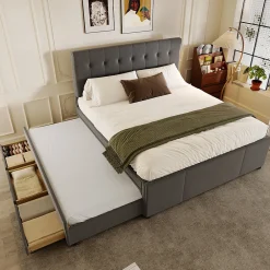 Lit 140x200 cm avec sommier gigogne et 3 tiroirs, tête de lit réglable, tapissé lin gris, cadre bois robuste>Redom Hot