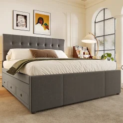 Lit 140x200 cm avec sommier gigogne et 3 tiroirs, tête de lit réglable, tapissé lin gris, cadre bois robuste>Redom Hot