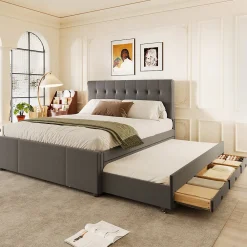 Lit 140x200 cm avec sommier gigogne et 3 tiroirs, tête de lit réglable, tapissé lin gris, cadre bois robuste><noscript><img width=