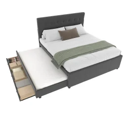 Lit 140x200 cm avec sommier gigogne et 3 tiroirs, tête de lit réglable, tapissé lin gris, cadre bois robuste><noscript><img width=