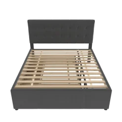 Lit 140x200 cm avec sommier gigogne et 3 tiroirs, tête de lit réglable, tapissé lin gris, cadre bois robuste><noscript><img width=