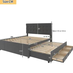 Lit 140x200 cm avec sommier gigogne et 3 tiroirs, tête de lit réglable, tapissé lin gris, cadre bois robuste><noscript><img width=