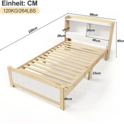 Redom Lit 90x200 cm avec tete de rangement integree, sommier a lattes, bois massif et MDF, finitions naturel blanc, pied bas 48 cm* Ensemble Sommier Et Matelas