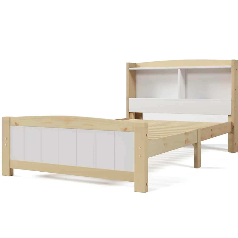 Redom Lit 90x200 cm avec tete de rangement integree, sommier a lattes, bois massif et MDF, finitions naturel blanc, pied bas 48 cm* Ensemble Sommier Et Matelas
