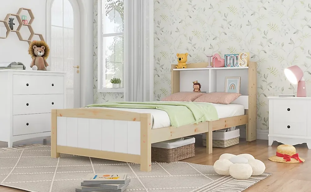 Redom Lit 90x200 cm avec tete de rangement integree, sommier a lattes, bois massif et MDF, finitions naturel blanc, pied bas 48 cm* Ensemble Sommier Et Matelas