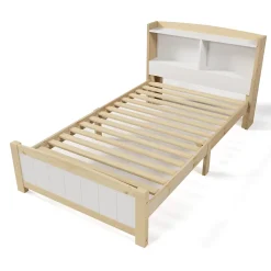 Redom Lit 90x200 cm avec tete de rangement integree, sommier a lattes, bois massif et MDF, finitions naturel blanc, pied bas 48 cm* Ensemble Sommier Et Matelas
