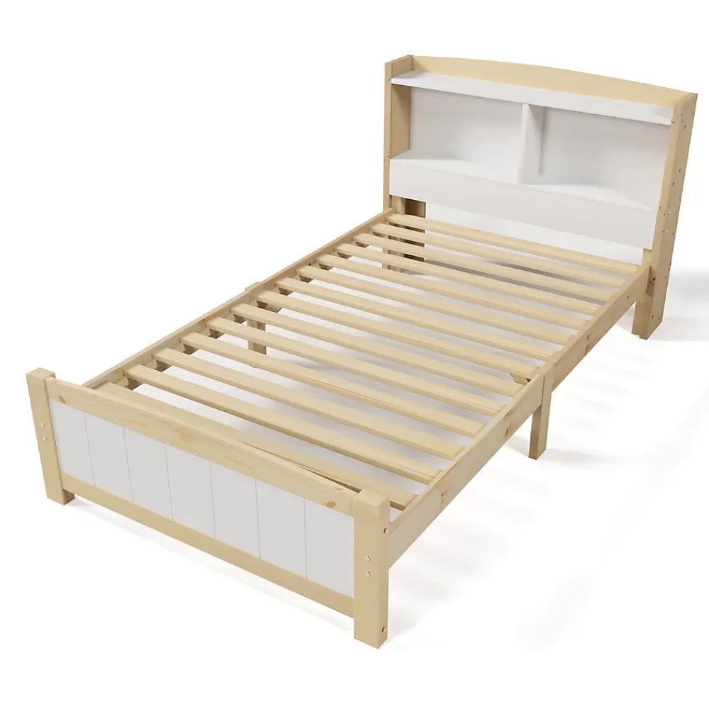 Redom Lit 90x200 cm avec tete de rangement integree, sommier a lattes, bois massif et MDF, finitions naturel blanc, pied bas 48 cm* Ensemble Sommier Et Matelas