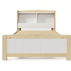 Redom Lit 90x200 cm avec tete de rangement integree, sommier a lattes, bois massif et MDF, finitions naturel blanc, pied bas 48 cm* Ensemble Sommier Et Matelas