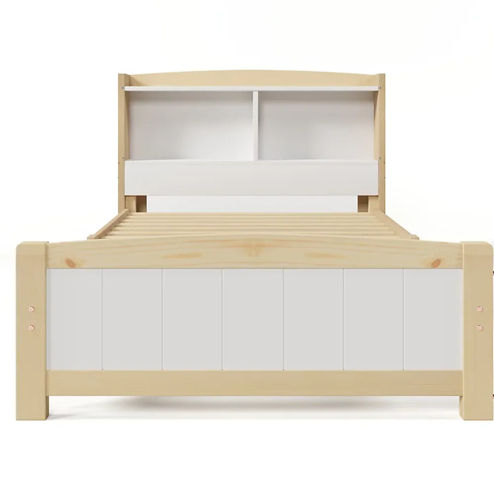 Redom Lit 90x200 cm avec tete de rangement integree, sommier a lattes, bois massif et MDF, finitions naturel blanc, pied bas 48 cm* Ensemble Sommier Et Matelas