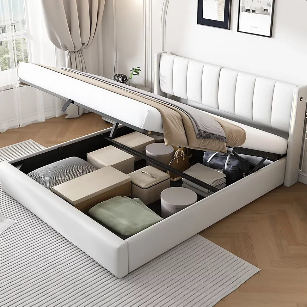 Redom Lit 140x200 cm avec tete reglable 0deg 30deg et eclairage LED dimmable, port USB et revetement PU blanc* Lit Avec Rangement