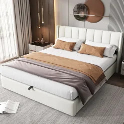Redom Lit 140x200 cm avec tete reglable 0deg 30deg et eclairage LED dimmable, port USB et revetement PU blanc* Lit Avec Rangement