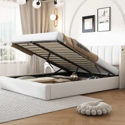 Redom Lit 140x200 cm avec tete reglable 0deg 30deg et eclairage LED dimmable, port USB et revetement PU blanc* Lit Avec Rangement