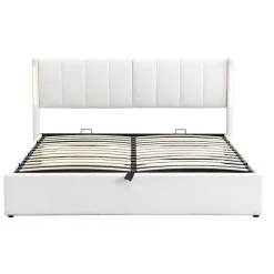 Redom Lit 140x200 cm avec tete reglable 0deg 30deg et eclairage LED dimmable, port USB et revetement PU blanc* Lit Avec Rangement
