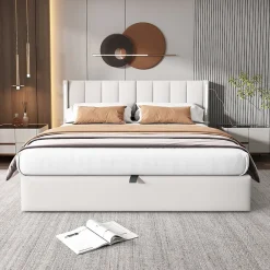 Redom Lit 140x200 cm avec tete reglable 0deg 30deg et eclairage LED dimmable, port USB et revetement PU blanc* Lit Avec Rangement