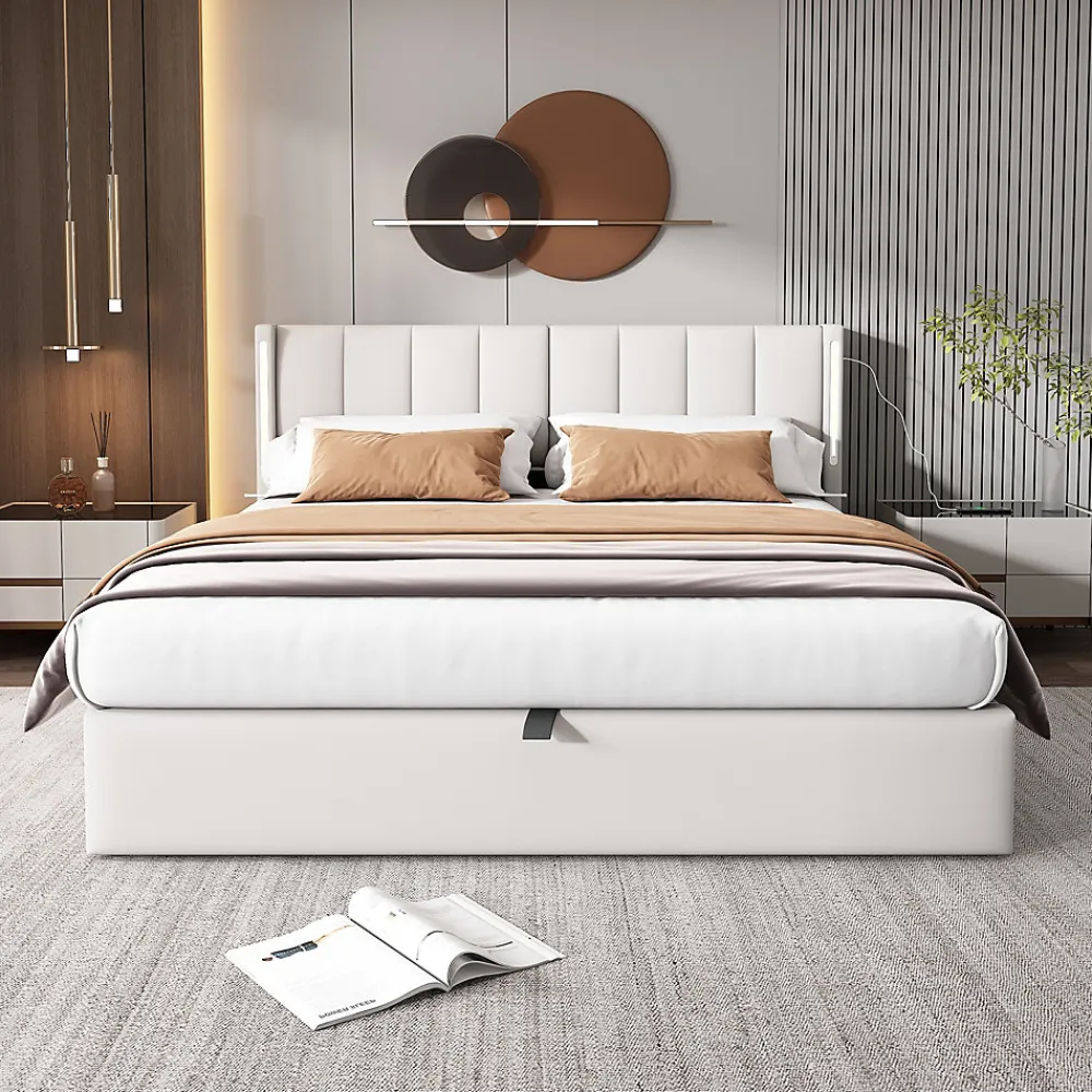 Redom Lit 140x200 cm avec tete reglable 0deg 30deg et eclairage LED dimmable, port USB et revetement PU blanc* Lit Avec Rangement