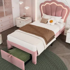 Redom Lit 90x190 cm avec tiroir de rangement, tête de lit velours réglable à motifs floraux et éclairage LED RGB* Ensemble Sommier Et Matelas