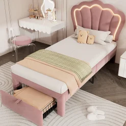 Redom Lit 90x190 cm avec tiroir de rangement, tête de lit velours réglable à motifs floraux et éclairage LED RGB* Ensemble Sommier Et Matelas