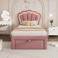 Redom Lit 90x190 cm avec tiroir de rangement, tête de lit velours réglable à motifs floraux et éclairage LED RGB* Ensemble Sommier Et Matelas