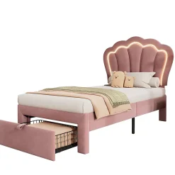 Redom Lit 90x190 cm avec tiroir de rangement, tête de lit velours réglable à motifs floraux et éclairage LED RGB* Ensemble Sommier Et Matelas