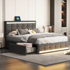 Simple Life Lit 140x200 cm avec tiroirs, capitonné, rangement, LED, 2 chargeurs USB, sommier à lattes, gris.* Lit Coffre